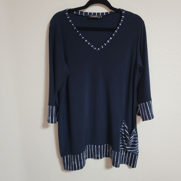 Sympli Couture Blue Front Pocket Stripped Tunic with 3/4 Sleeves - Picture 1 of 4